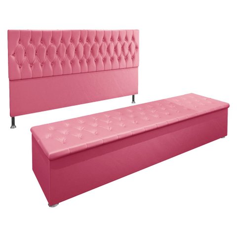 Kit Cabeceira e Calçadeira Baú King 1,95m Madrid Suede - Pallazio - Rosa
