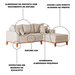 Sofá 3 Lugares Beny com Chaise Direito Linho Cru - 6