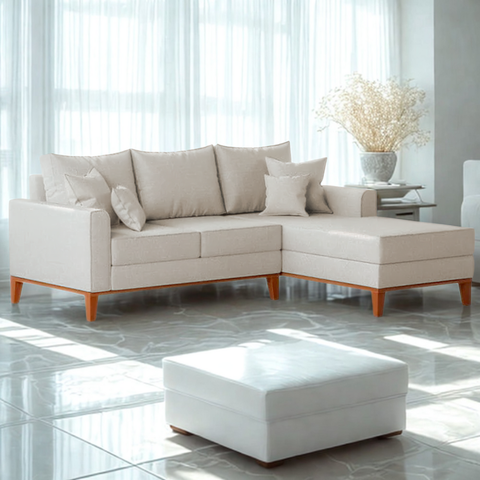 Sofá 3 Lugares Beny com Chaise Direito Linho Cru