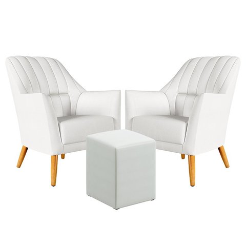 Kit 2 Poltronas Orion Bordada com Puff Izar Courino Branco Aradecor