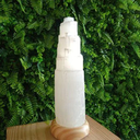 Ver imagem 2 de Luminária Selenita Bruta 30cm - Base de Madeira Clara - Bivolt