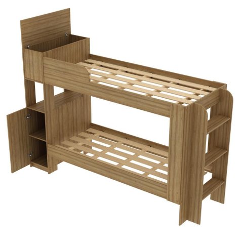 Cama Beliche Tecnomobili Junevil CM8053 com Armário e Baú Solteiro 78cm MDP Amendoa com Escada