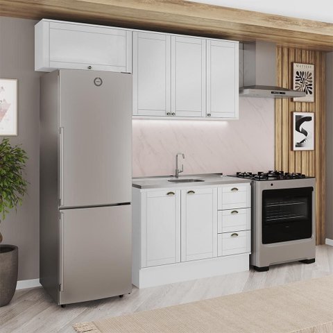 Cozinha Milla Solara 5 Portas 3 Gavetas MDF 200cm Branca Móveis Carraro