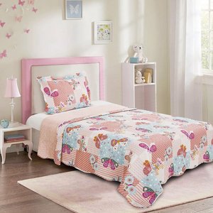 Cobre Leito Solteiro Prink Patchwork Infantil 02 Peças - Borboleta
