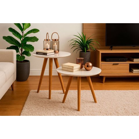 Kit 2 Mesas Cora de Canto Redondas Pé Palito Mdf Off Mesa Lateral para Sala Quarto Escritório