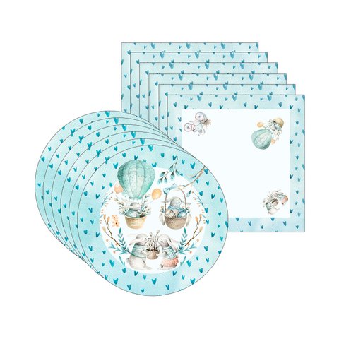Kit Sousplat + Guardanapo Páscoa Balão/azul Coração - 6 Peças - com Base