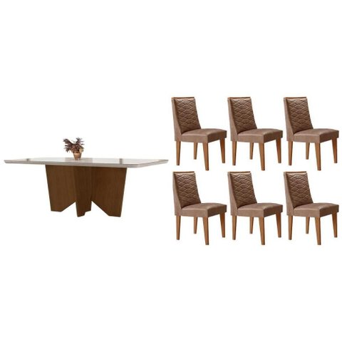 Conjunto Mesa Nevada c/ Tampo Madeirado c/ Vidro Canto Curvo 180x90cm e 6 Cadeiras Dafne Madeira