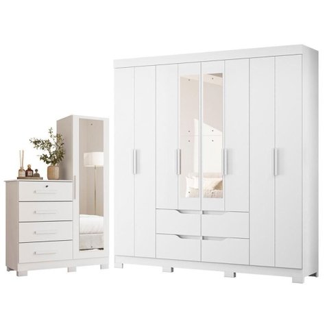 Guarda Roupa Casal com Cômoda Belize Plus 8 Portas de Bater 4 Gavetas MDP Branco Fosco Albatroz