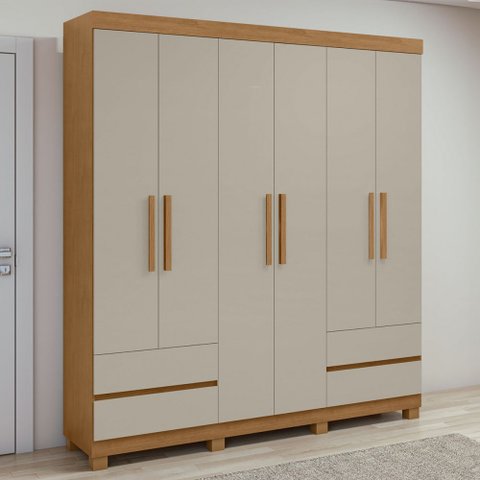 Guarda-roupa Casal Zeus 6 Portas 4 Gavetas Amêndoa Clean/off White - Móveis Lopas