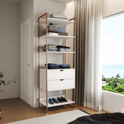 Closet Solteiro Estilo Industrial Loft 1 Módulo com Gaveta Branco Base Cobre