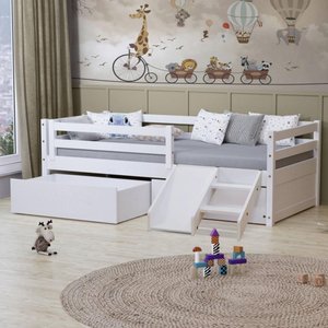 Cama Solteiro Dreams com Gavetas Grade de Proteção e Mini Escada/ Escorrega Madeira Maciça Branco