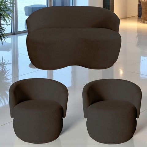 Kit Namoradeira + 2 Poltronas Decorativa Beatriz Orgânica Suede Marrom