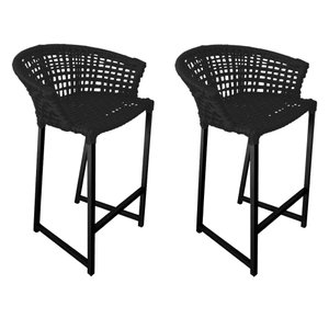 Kit 2 Banquetas Reis em Corda Náutica e Base em Alumínio Preta para Área Gourmet - Externa Preta