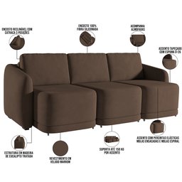 Sofá Cama para Sala de Estar 3 Lugares 306cm Montserrat K01 Veludo Marrom - Lyam Decor - 4