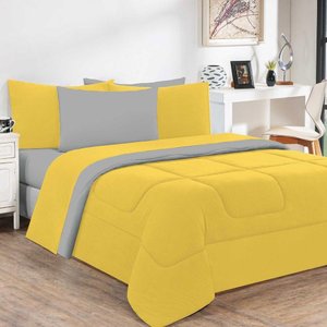 Kit Edredom + Jogo de Lençol Malha 100% Algodão Gran Moratta 7 Peças Queen - Amarelo-cinza