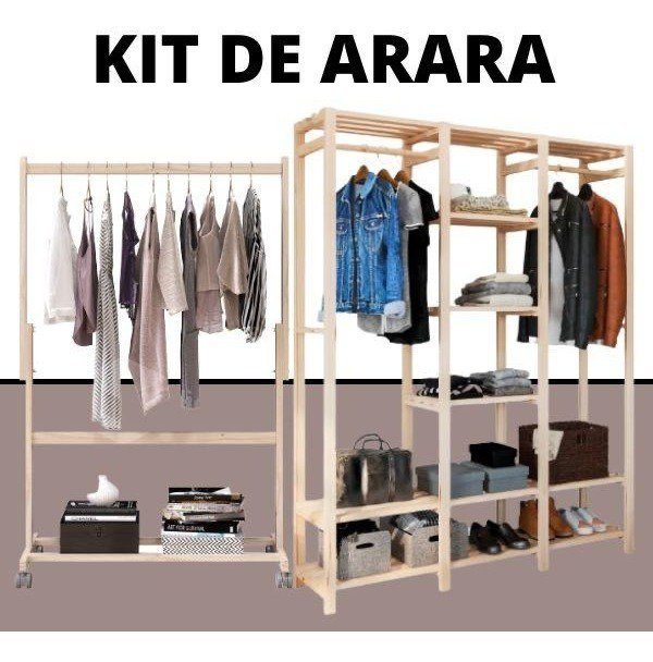 Cabideiro Pinus Mais Arara Tripla Para Quarto Com Suporte Nova Decor Movel Multiuso Para Diversos Am - 3