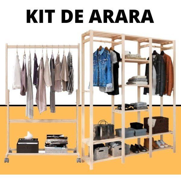 Cabideiro Pinus Mais Arara Tripla Para Quarto Com Suporte Nova Decor Movel Multiuso Para Diversos Am - 2