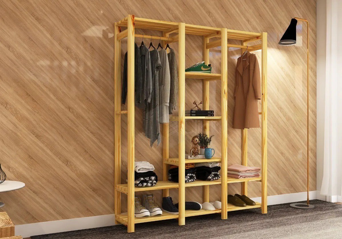Cabideiro Pinus Mais Arara Tripla Para Quarto Com Suporte Nova Decor Movel Multiuso Para Diversos Am - 1