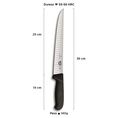 Faca profissional 38cm açougueiro lâmina 25cm sulcos Swiss Classic Victorinox 5.5523.25 - Inox/Preto
