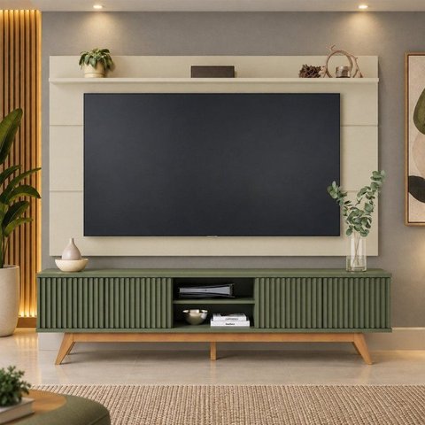 Rack com Painel Ripado para TV até 75 Polegadas 216CMX220CM Fortaleza Off White Matte / Hortelã