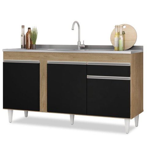 Balcão Gabinete com Pia Inox 150cm 3 Portas 1 Gaveta Dakota Castanho/Preto - Lumil Lumil Móveis