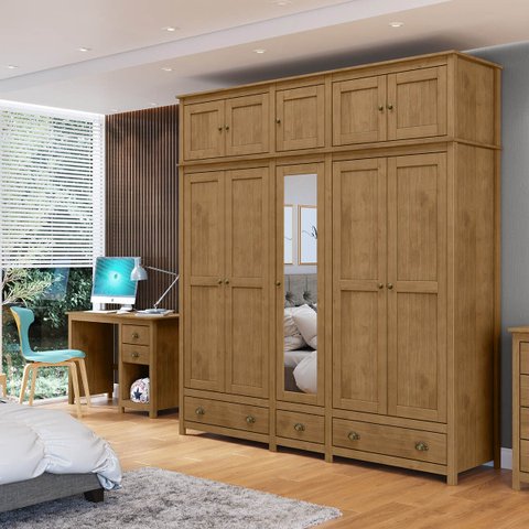 Conjunto Quarto: Guarda-roupa 10 Portas, Escrivaninha 3 Gavetas Topázio Freijó Madeira Pinus - Fines