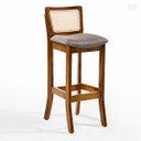 Ver imagem 1 de Banqueta Alta em Madeira com Encosto em Rattan Portugal Estofada Linho Cinza L55 Rmi