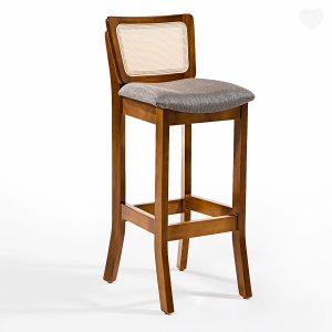 Banqueta Alta em Madeira com Encosto em Rattan Portugal Estofada Linho Cinza L55 Rmi