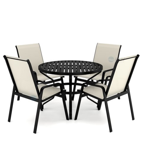 Mesa 4 cadeiras Ripado Piscina Alumínio Preto e Tela Bege