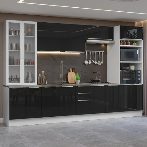 Armário de Cozinha Completa 340cm Branco/preto Lux Madesa 02
