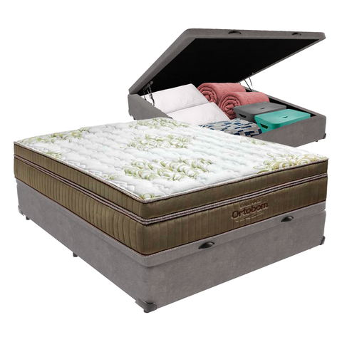 Cama Box Baú Casal Cinza e Colchão Gold Ultragel Molas Ensacadas Ortobom