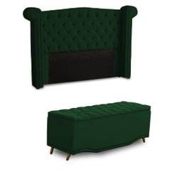 KIT + Cabeceira Com Recamier Baú Dunas Princesa em captonê 1,95 Casal Cama Box Verde escuro Veludo D - 1