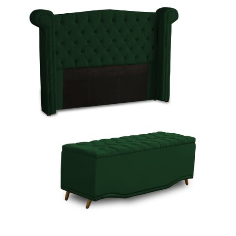 KIT + Cabeceira Com Recamier Baú Dunas Princesa em captonê 1,95 Casal Cama Box Verde escuro Veludo D
