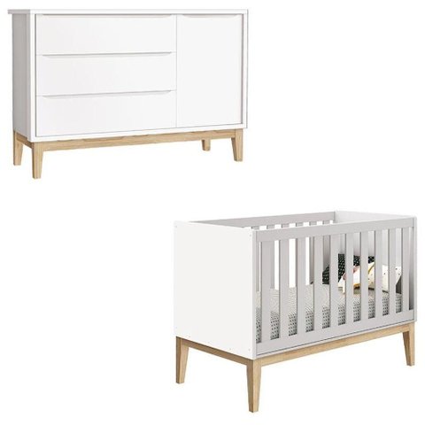 Berço Americano e Cômoda Infantil 1 Porta Classic Branco com Pés Madeira Natural - Reller