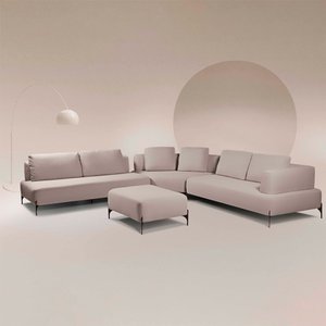 Sofá Modulado Sala de Estar 415cm Marino de Canto Pés de Ferro com Almofadas Linho Bege G92 - Gran B