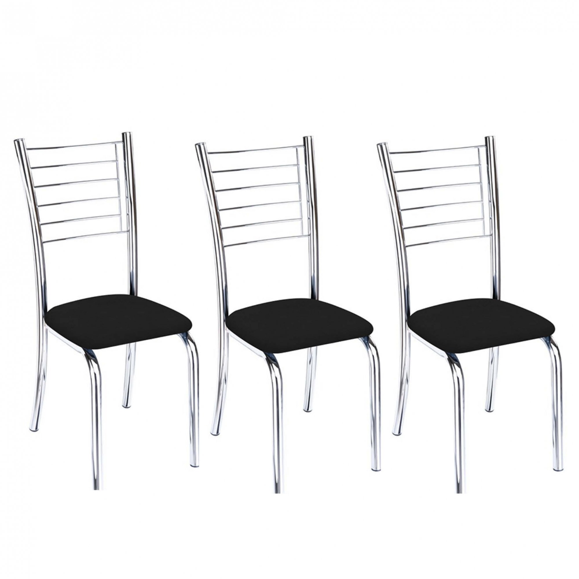 Kit 3 cadeiras Lara cromada para cozinha-Corino preto-Gat Magazine