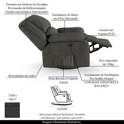 Poltrona do Papai Reclinável Melim Glider Giratória Usb Linho Fh1 - D'rossi Cor Grafite - 8