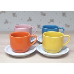 Jogo 4 xícaras de Café e Chá com pires - 200 ml Empilháveis - Porcelana Colorida - 4