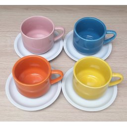Jogo 4 xícaras de Café e Chá com pires - 200 ml Empilháveis - Porcelana Colorida - 2