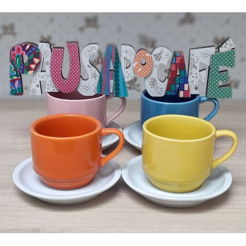 Jogo 4 xícaras de Café e Chá com pires - 200 ml Empilháveis - Porcelana Colorida