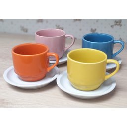 Jogo 4 xícaras de Café e Chá com pires - 200 ml Empilháveis - Porcelana Colorida - 7