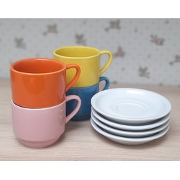 Jogo 4 xícaras de Café e Chá com pires - 200 ml Empilháveis - Porcelana Colorida - 3