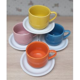 Jogo 4 xícaras de Café e Chá com pires - 200 ml Empilháveis - Porcelana Colorida - 6