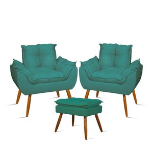 Kit 02 Poltronas Decorativas + 01 Puff para Apoio Dos Pés Cor:azul Turquesa