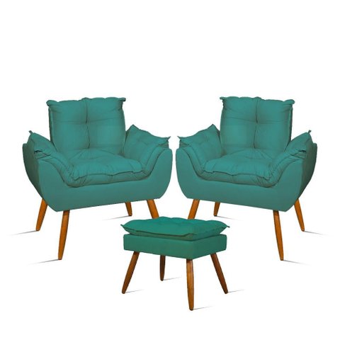 Kit 02 Poltronas Decorativas + 01 Puff para Apoio Dos Pés Cor:azul Turquesa