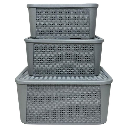 Kit 3 Caixas Organizadoras Cinza Tampa Rattan Retangular Plasnew