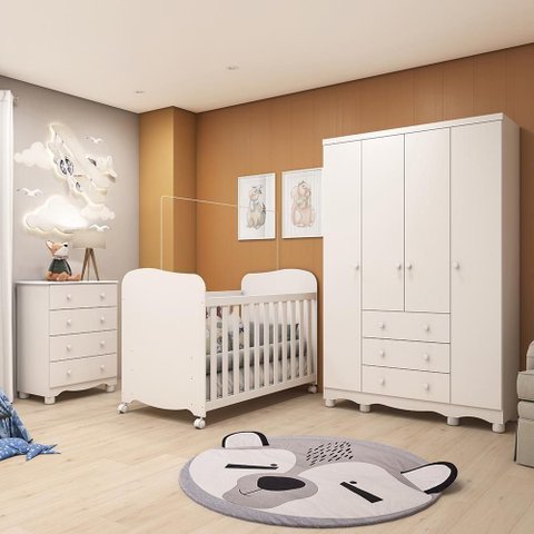 Dormitório Infantil Júnior 4 Portas, Cômoda e Berço Uli Branco Brilho com Colchão Supreme - Mó