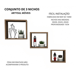 Kit 3 Nichos Decorativos na Cor Louro Freijó - 2