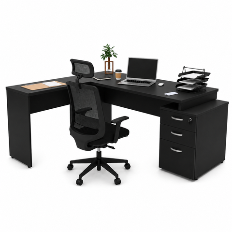 Conjunto Mesa Pedestal em L com Gavetas e Cadeira de Escritório Ergonômicas - Preto