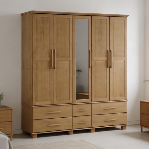 Guarda Roupa Casal com Espelho 5 Portas 6 Gavetas 208cm Madeira Maciça Zahav F06 Freijó - Lyam